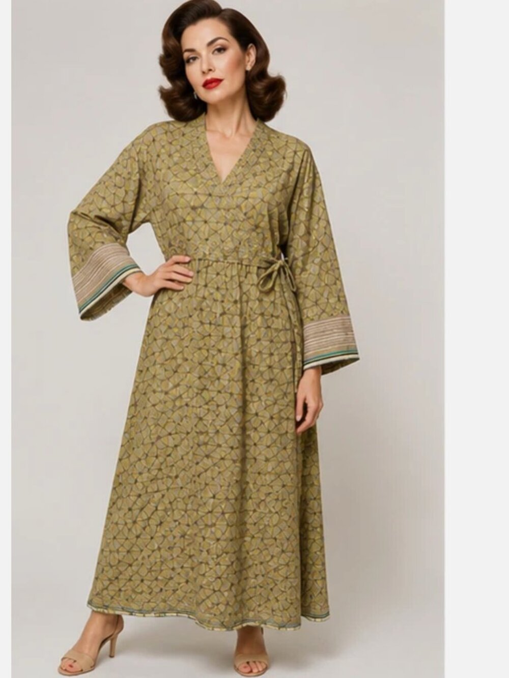 Geometric Block Print Maxi Dress Green Brown Boho V Neck Long Sleeve Artisan